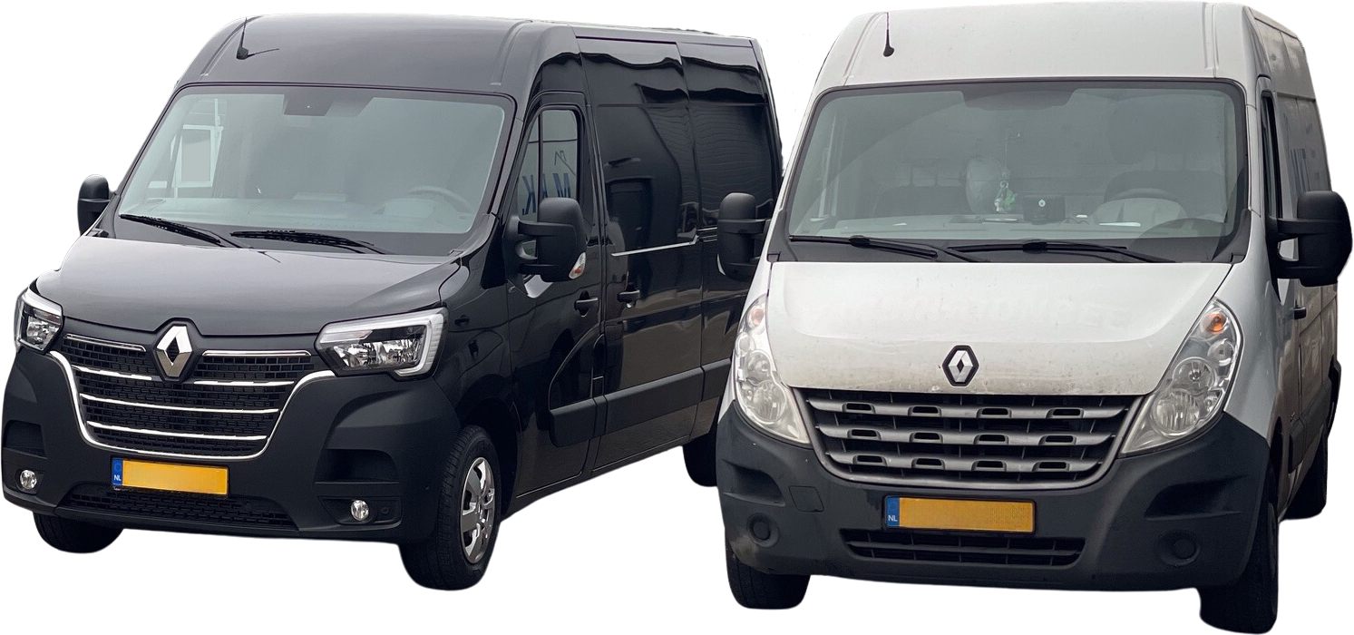 Twee bestelbussen van MKT Bouw & Timmerwerken, een zwarte en een witte, klaar voor bouw- en renovatieprojecten